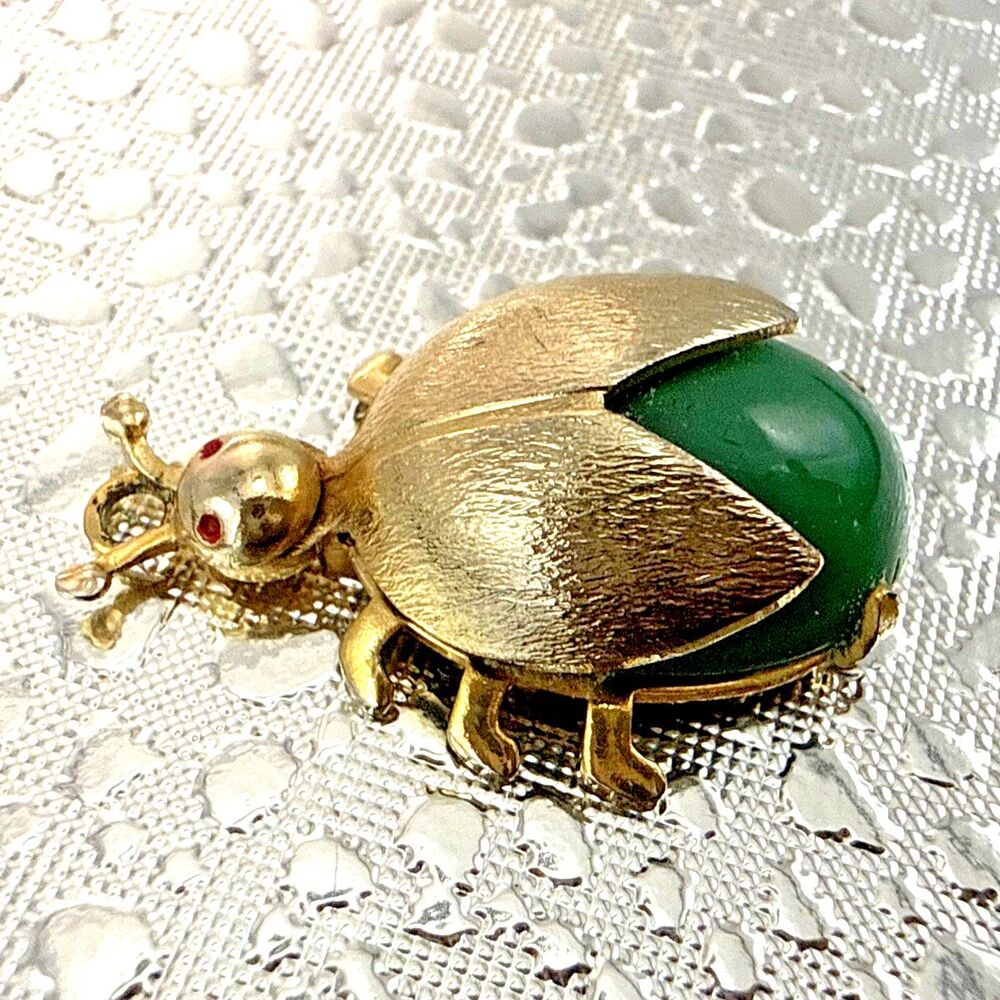 Vintage Beetle Pendant Gold Tone Green Cabochon MCM Insect Bug